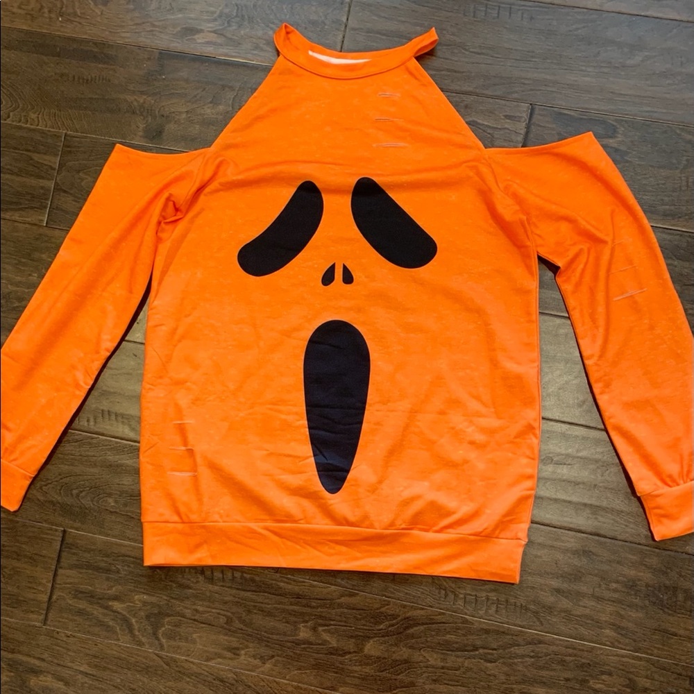 ORANGE Distressed Cold Shoulder Halloween Shirt - Picture 9 of 10